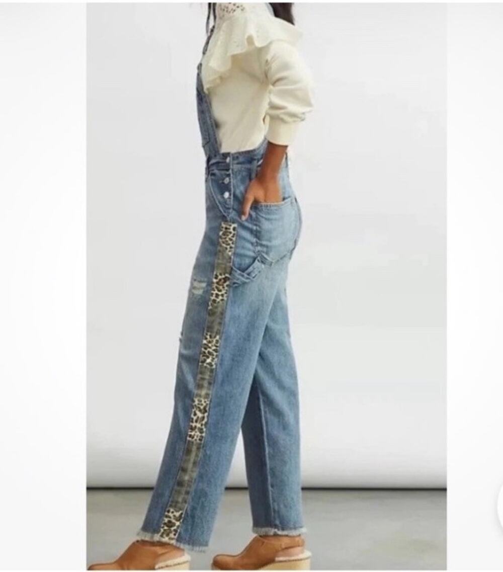 Anthropologie Pilcro The Lex Denim Jean Bib Overalls Animal Print Womens 29